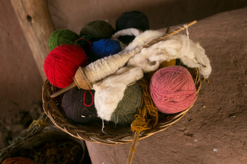 Material for the production of textile crafts in an indigenous community in Peru. - obrazy, fototapety, plakaty