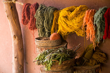 Material for the production of textile crafts in an indigenous community in Peru. - obrazy, fototapety, plakaty
