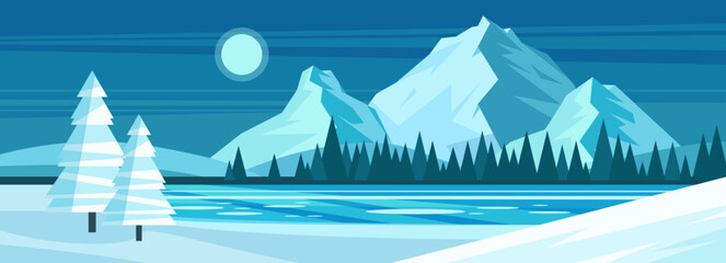 Winter mountain panoramic landscape vector illustration. Cartoon Christmas snowy wonderland with pine trees near river or lake with blue ice and snow, silhouette of forest and mountain on horizon