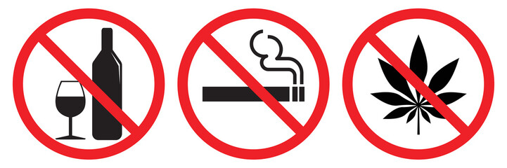 Set of prohibited signs isolated on white symbol background. no alcohol, no smoking, no drugs.vector icon illustration.