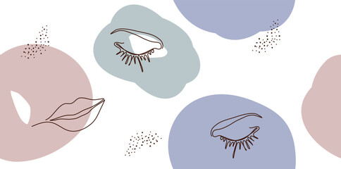 Elegant one-line seamless background of a female abstract face. Drawing eyes, lips in a minimalist style. Fashionable illustration for print,  cosmetics, postcard