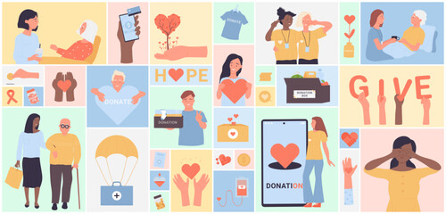 Cartoon young nurses hug senior patients, support and assistance for smiling old person in square collage background. Voluntary, charity concept. Volunteers help elder people set vector illustration