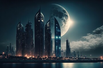 Fototapeta premium Oriental city on the seashore. Arabic architecture with skyscrapers on the seashore, night view, big moon, neon buildings illuminated. Beautiful oriental landscape. AI