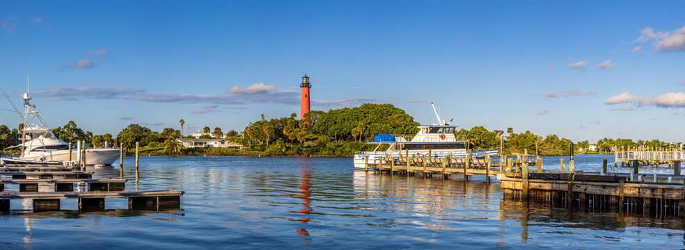 View to the Jupiter lighthouse on the north side of the Jupiter Inlet at sunset.