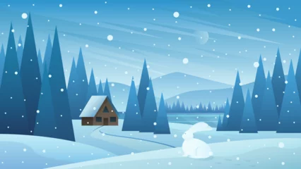 Deurstickers Winter snowy landscape with snowfall vector illustration. Cartoon snowflakes falling on cold scene with village house in snowy forest, road among fields in snowdrifts, white rabbit sitting on hill © Flash concept