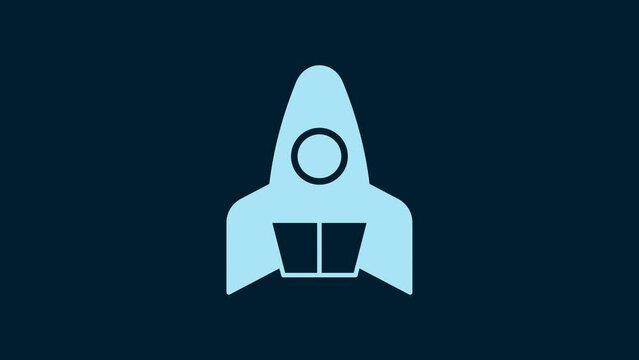 White Rocket ship icon isolated on blue background. Space travel. 4K Video motion graphic animation