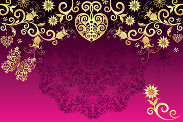 Vector purple valentine frame with  golden hearts and flowers and mandala