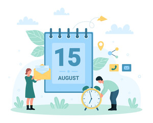 Calendar app for time planning vector illustration. Cartoon tiny people plan events of week or month with spiral paper calendar with number of date on page, characters holding clock and envelope
