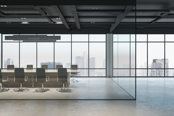 Naklejka na ściany i meble Side view on modern conference room with wooden table behind glass partitions in spacious office on high floor of modern business center with city view background from panoramic window. 3D rendering