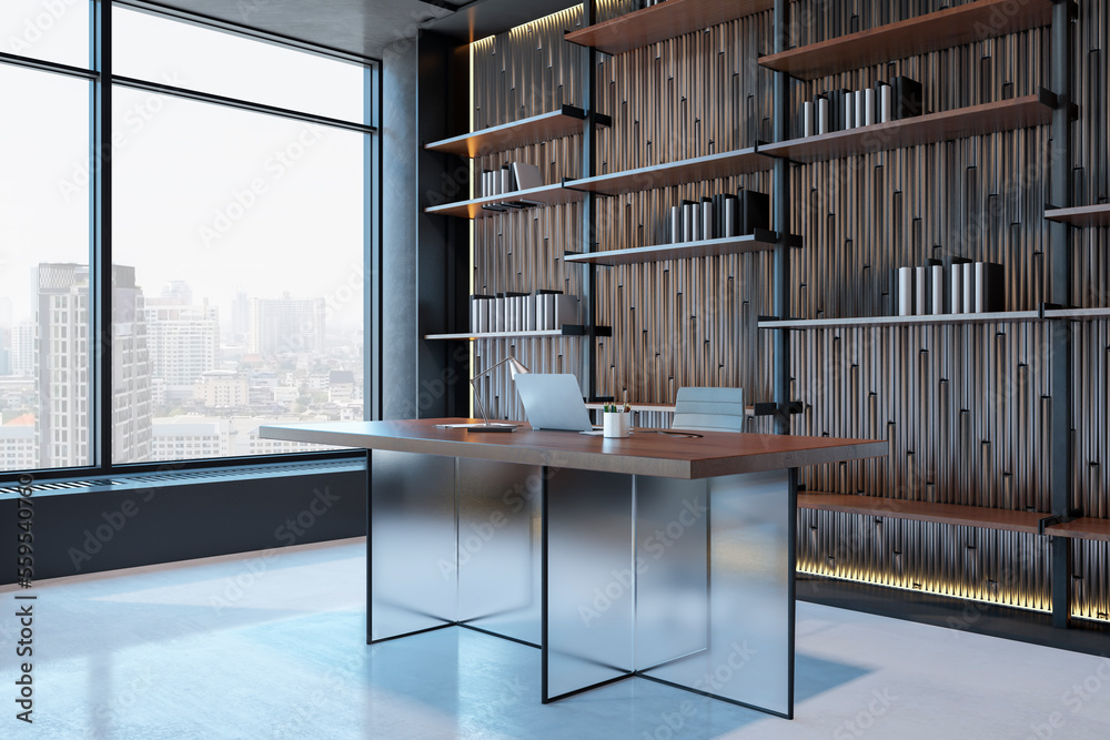 Poster perspective view on modern office cabinet with stylish transparent work table, modern laptop, city v