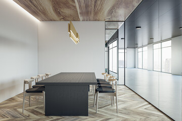 Side view on empty dark wooden conference table surrounded by chairs on parquet floor in meeting room with stylish chandelier on light wall background and glass wall. 3D rendering