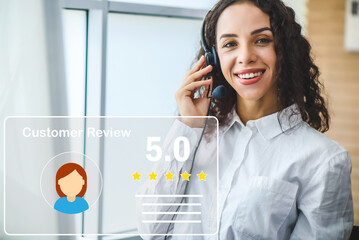Woman in customer service center. Customer service evaluation concept. Woman with head phone...