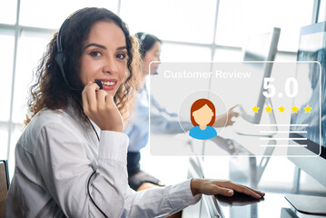 Woman in customer service center. Customer service evaluation concept. Woman with head phone ,customer service and satisfaction, rating very impressed.