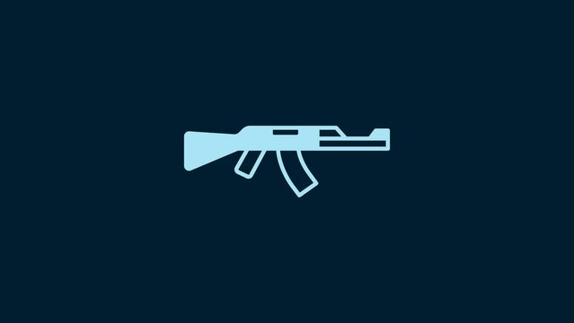 White Submachine gun icon isolated on blue background. Kalashnikov or AK47. 4K Video motion graphic animation