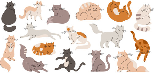 Doodle flat cats, funny fur cat and kittens. Cute pets isolated characters. Cartoon animals sleep, play, sitting. Racy fluffy animals vector kit