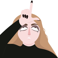 A young disgruntled woman put her fingers to her forehead in the shape of the letter "L". A loser. Bad mood. flat vector illustrationflat, vector, gesturing, sign, symbol, fun, show, rude, fingers, sh