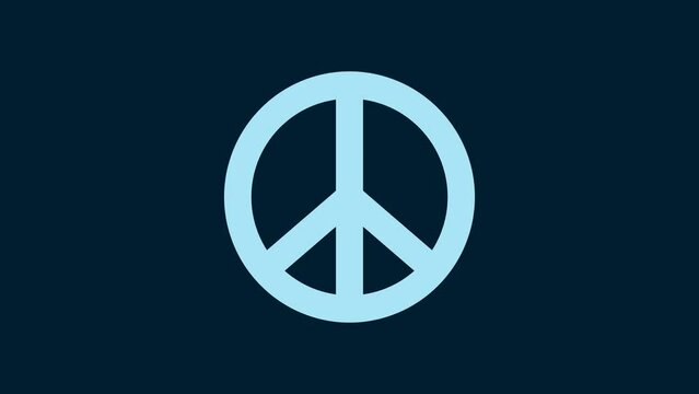 White Peace icon isolated on blue background. Hippie symbol of peace. 4K Video motion graphic animation