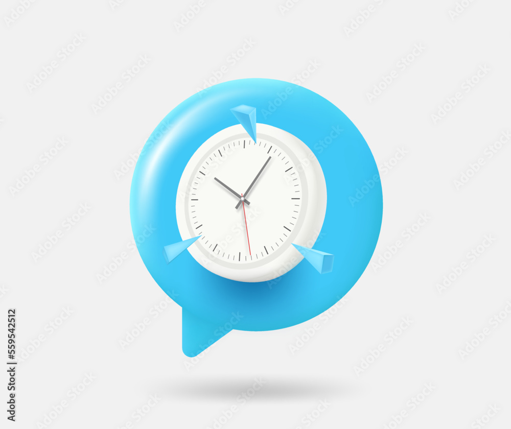 Poster speech cloud with clock. 3d vector isolated illustration