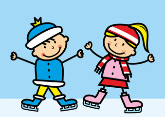 Two children skating on a winter rink. Boy and girl in winter dress. Vector color illustration on blue background.