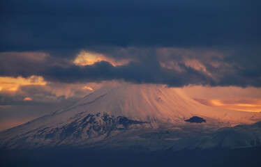 Beautiful snow covered Ararat mountain at the sunset.