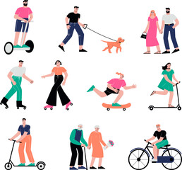 Fototapeta na wymiar Cartoon park walking characters, walk with dog and ride bicycle. Happy couples, people outdoor rest. Old and young person vector set