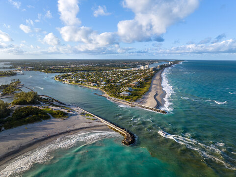 Aerial photo of Jupiter inlet on Florida's southeast coastline. USA.  January 2023