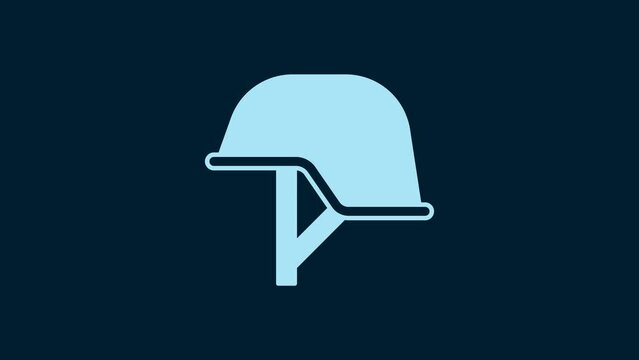 White Military helmet icon isolated on blue background. Army hat symbol of defense and protect. Protective hat. 4K Video motion graphic animation