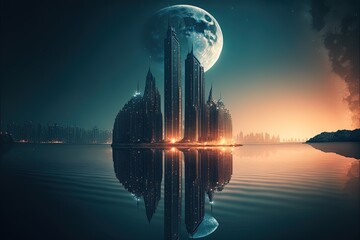 Modern skyscrapers on the ocean, neon light, big moon, night seascape, reflection in the water, waves. AI