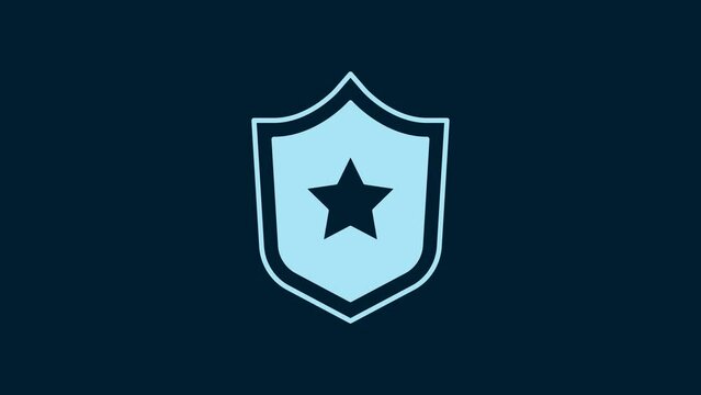White Police badge icon isolated on blue background. Sheriff badge sign. Shield with star symbol. 4K Video motion graphic animation