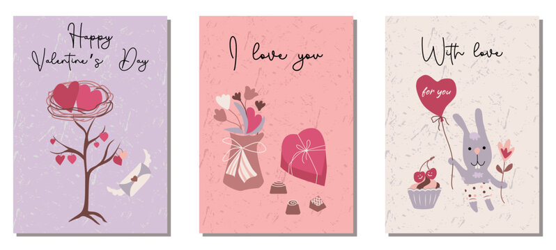 Fototapeta Set of greeting cards for Valentine's Day with inscriptions and illustrations in the flat style.Vector illustration