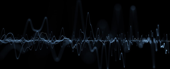 Abstract digital technology music equalizer detailed wavy lines oscillation on black background.