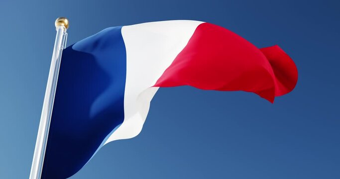 french flag waving against the blue sky, the national symbol of france, slow motion 3d video