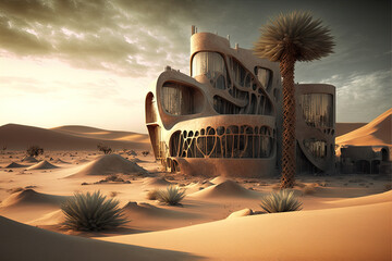 Fototapeta premium Desert architecture with traditional Arabic oriental motifs. Abstract buildings in the desert. City in the desert, sands. AI
