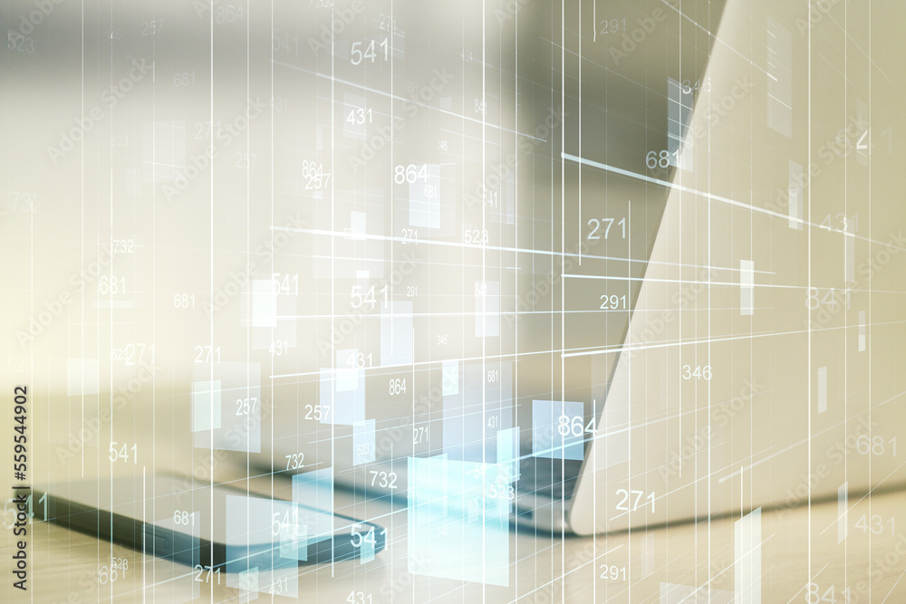 Poster multi exposure of abstract graphic data spreadsheet sketch on modern computer background, analytics 