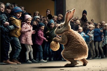 Side view of an easter bunny with a bag full of eggs in front of children, created with Generative AI technology