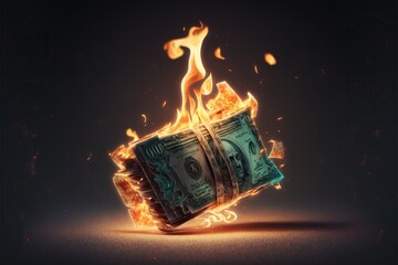 Wad of money on fire, created with Generative AI technology - obrazy, fototapety, plakaty