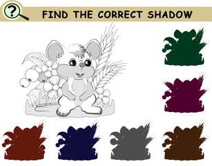 Find the correct shadow of little mouse with berries and wheat ears. Coloring book page with logical game for children. Vector illustration.