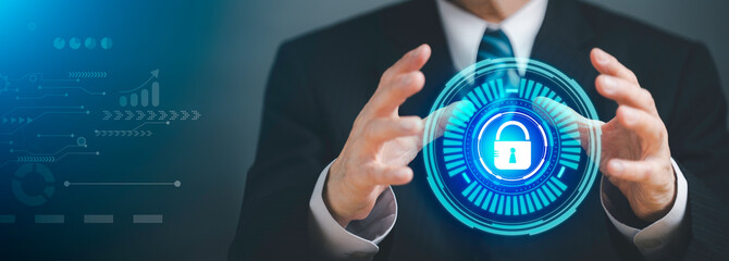 Businessman holding protect icon. lock symbol, concept about security, Digital cybersecurity and network protection with technology background.