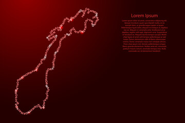 Norway map country along contour of recurring english red words name of state and glowing space stars