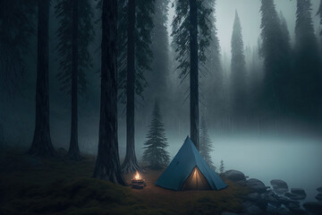 Camping in a dark foggy forest, campfire, night forest, fog, moonlight, cozy evening by the fire. AI