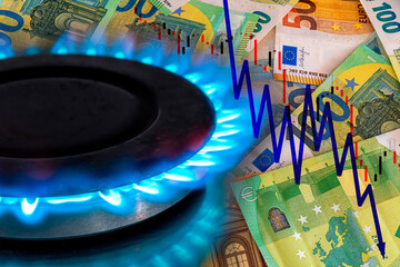 gas hob burner of blue gas with euro cash banknotes on background, cost of fuel, the euro crisis, sancions on russian gas, hob with blue gas flame and euro sign