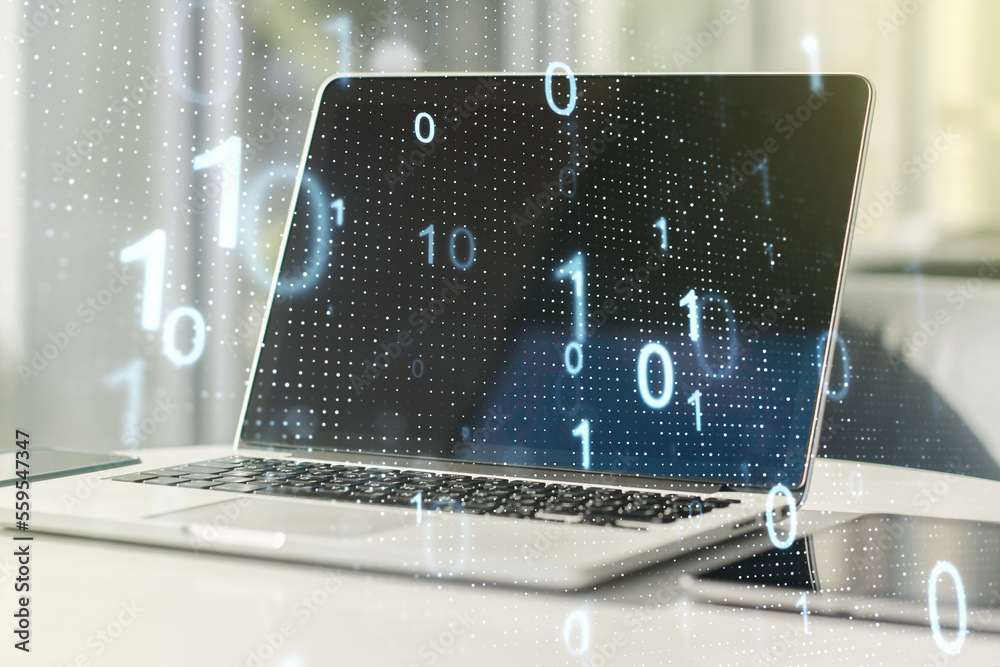 Leinwandbilder creative abstract binary code sketch on modern laptop background, hacking and matrix concept. multie