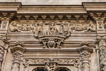 Architectural fragments of plateresque-style facade of the Seville town hall (old Casa consistorial de Sevilla, from 1540) on the Plaza de San Francisco. Seville, Andalusia, Spain.
