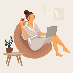 Woman with laptop sitting on the chair at home in dressing gown and with glass of wine vector flat illustration.Young woman relaxing with notebook in modern apartment.Freelance or studying concept