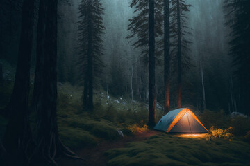 Camping in a dark foggy forest, campfire, night forest, fog, moonlight, cozy evening by the fire. AI