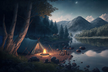 Camping on the river bank, campfire, night forest, moonlight, cozy evening by the fire. AI