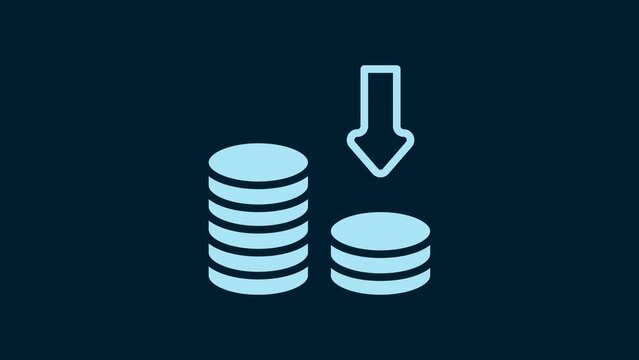 White Dollar rate decrease icon isolated on blue background. Cost reduction. Money symbol with down arrow. Business lost crisis decrease. 4K Video motion graphic animation
