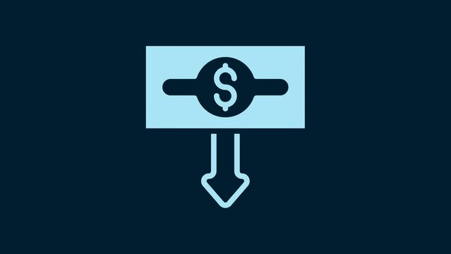 White Dollar rate decrease icon isolated on blue background. Cost reduction. Money symbol with down arrow. Business lost crisis decrease. 4K Video motion graphic animation