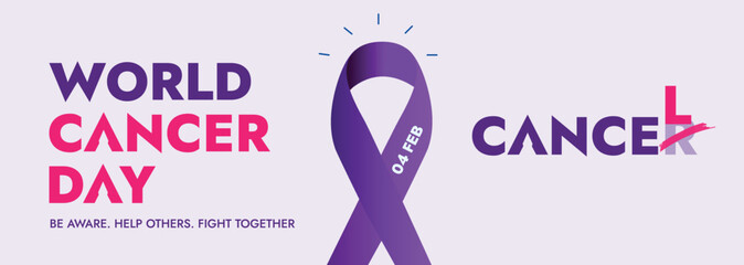 world cancer day. world cancer day awareness banner with purple ribbon. 4 February world cancer day Close the care gap. lavender ribbon sign for cancer day. vector illustration. social media post. 