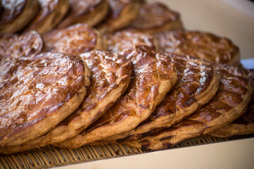 Closeup of king cakes in a bakery showroom